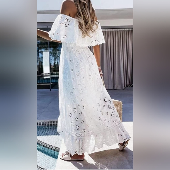 NEW Boho White Off The Shoulder Lacy Maxi Dress Women's Size S 100% Cotton - Picture 2 of 5